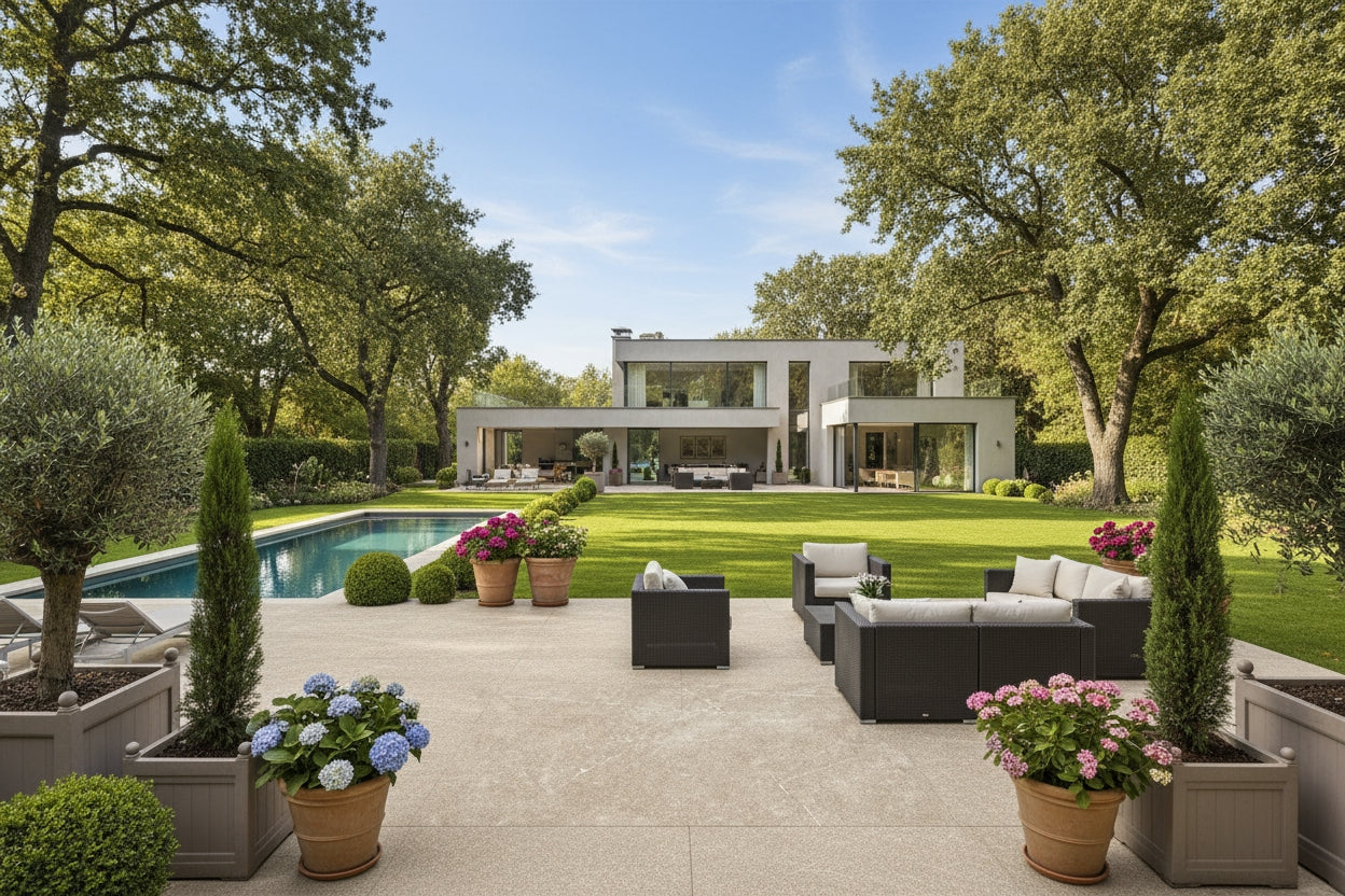 Modern house with large glass windows overlooking a spacious lawn, outdoor pool, and elegant patio seating area with rustic patio tiles, surrounded by potted flowers and trees on a sunny day.