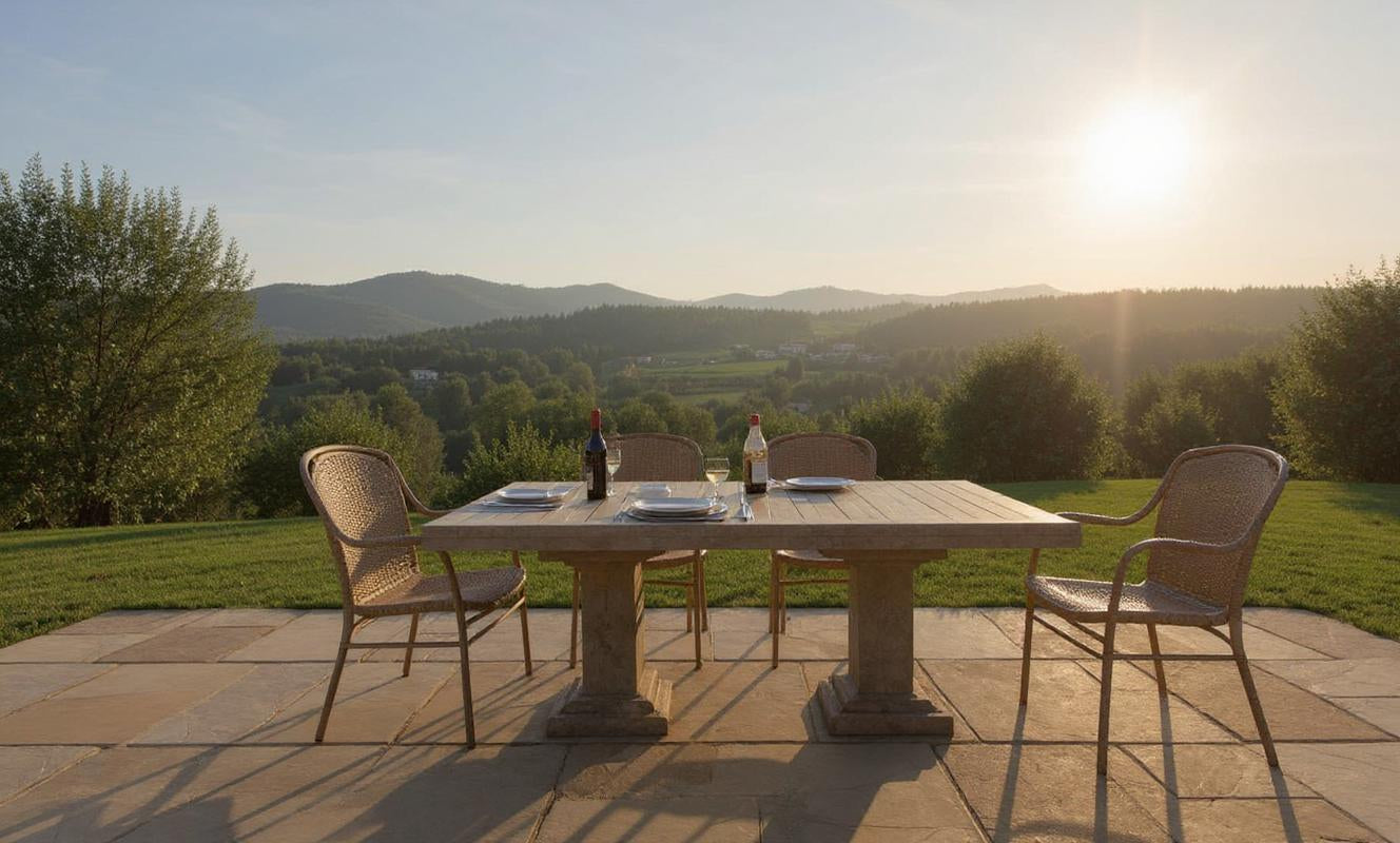 Outdoor dining table set with four chairs, plates, and bottles, placed on a stone patio overlooking a grassy lawn, trees, and distant hills under a bright, setting sun.