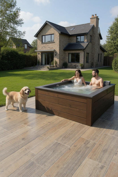 A couple relaxes in a modern backyard hot tub while a golden retriever stands nearby on a wood-look porcelain tile patio, with a large brick house and green lawn in the background.