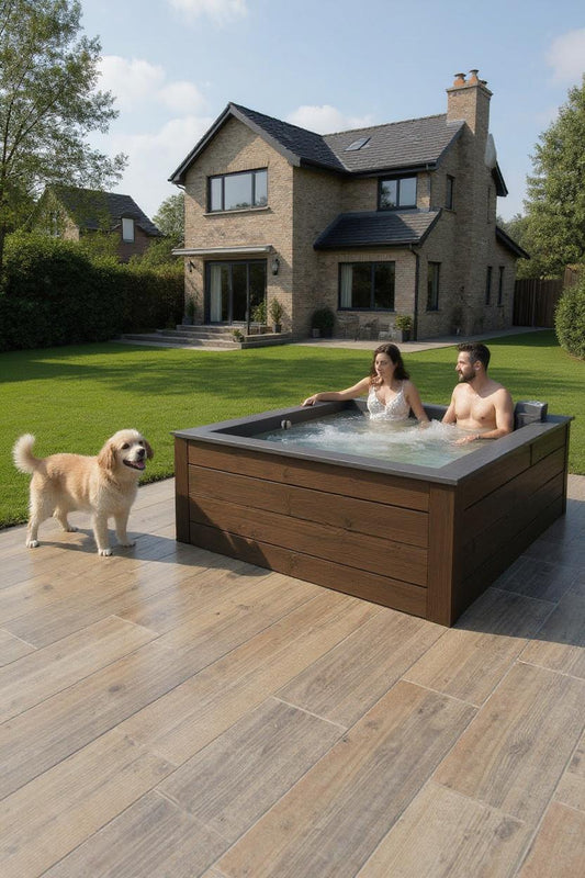 A couple relaxes in a modern backyard hot tub while a golden retriever stands nearby on a wood-look porcelain tile patio, with a large brick house and green lawn in the background.