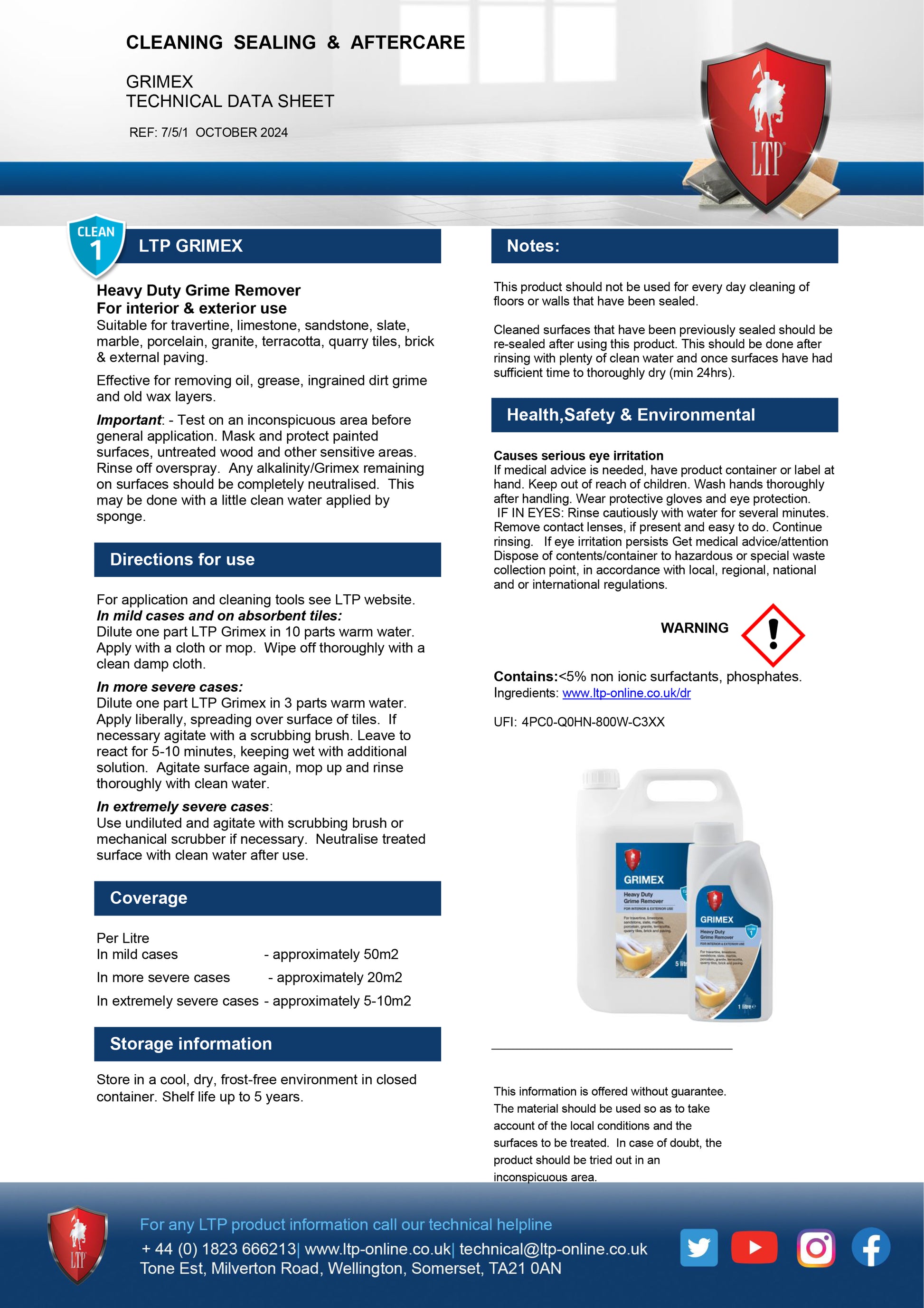 A product data sheet for "LTP Grime Remover"—a powerful tile stain remover—with details on uses, directions, safety, and packaging. The sheet features blue, white, and grey sections, a 1L container image, and a red shield logo at the top right.