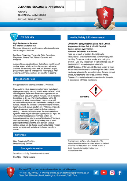 Technical datasheet for LTP Solvex, a sealer remover and epoxy grout remover, featuring sections on product details, uses, application instructions, health, safety and environmental precautions, plus company contact information. Includes warning and hazard icons.